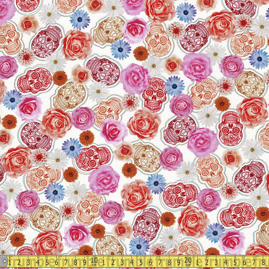 Frida Kahlo Flowers and Skulls White - Frumble Fabrics