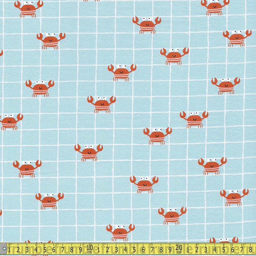 Seaside Crabs on Grid - Printed Cotton Jersey - Baby Blue Sewing and Dressmaking Fabric