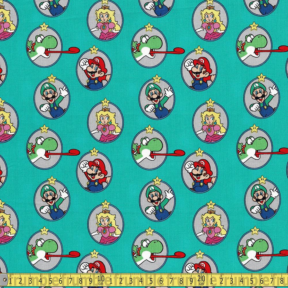 Springs Creative - Super Mario Character Badges - Teal Sewing and Dressmaking Fabric
