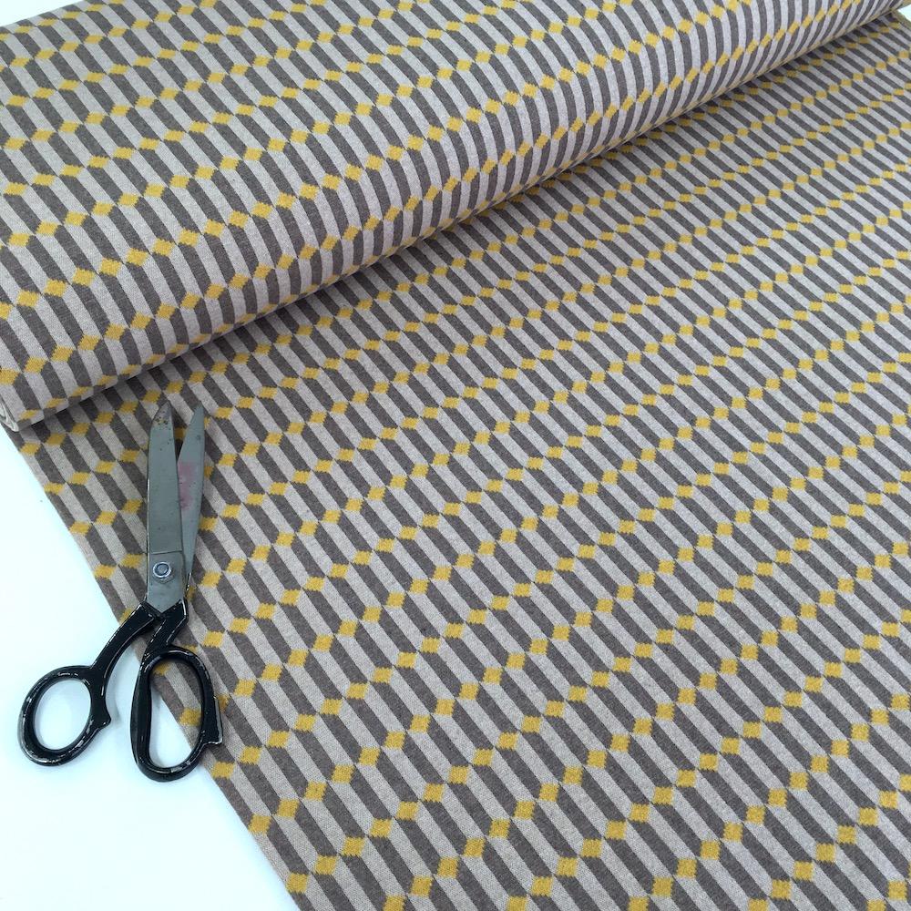 Stacked Diamonds - Recycled Jacquard Knit - Yellow Grey Sewing and Dressmaking Fabric