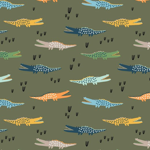 The Crocodiles - Printed Soft Sweat Fabric - Forest Green Sewing and Dressmaking Fabric