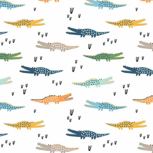 The Crocodiles - Printed Soft Sweat Fabric - White Sewing and Dressmaking Fabric