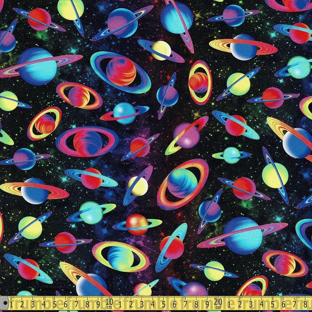 Timeless Treasures - Cosmic Neon Bright Space Planets - Black Sewing and Dressmaking Fabric