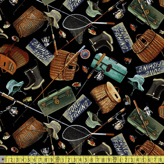 Timeless Treasures - Fishing Gear - Black Sewing and Dressmaking Fabric