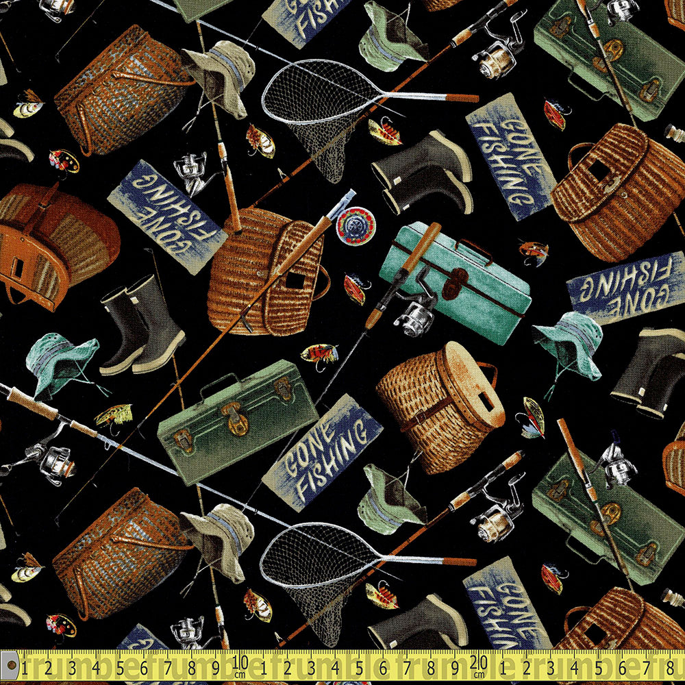 Timeless Treasures - Fishing Gear - Black Sewing and Dressmaking Fabric