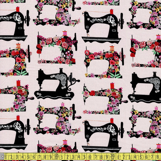 Timeless Treasures - Floral Sewing Machines - Pink Sewing and Dressmaking Fabric