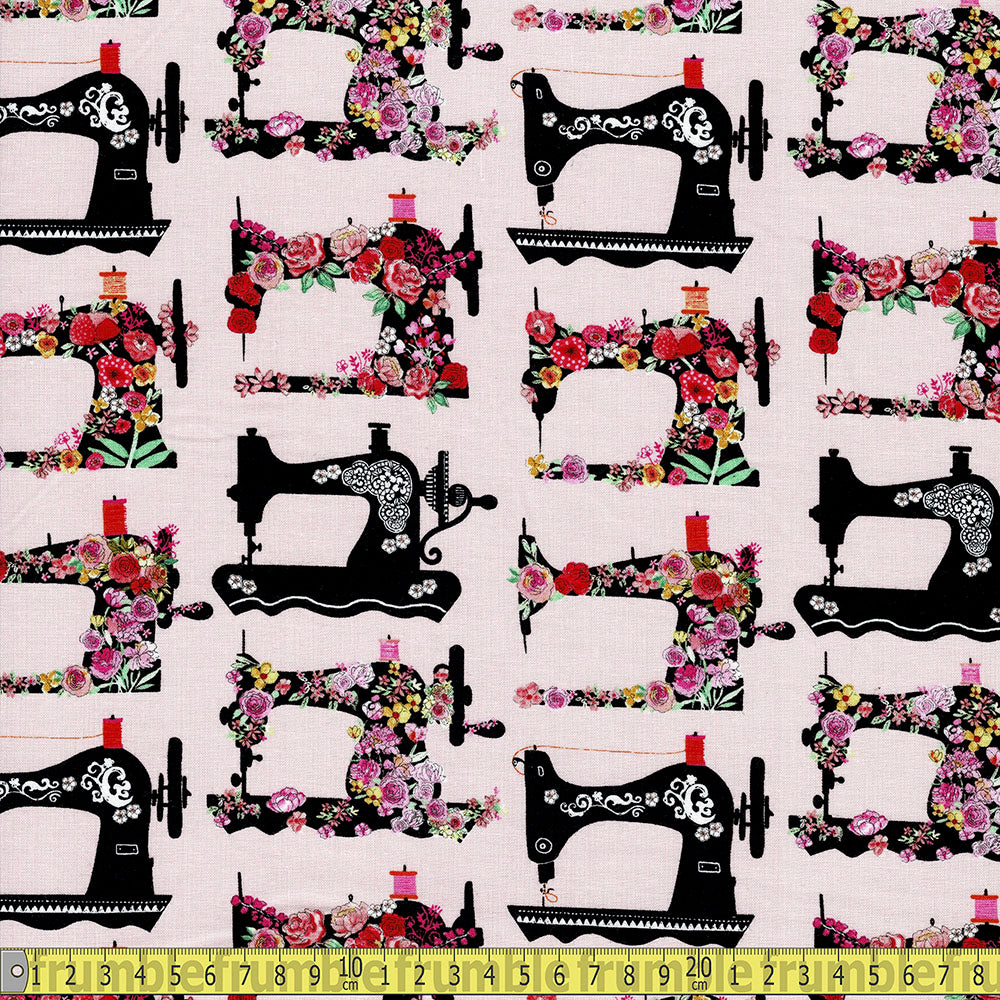Timeless Treasures - Floral Sewing Machines - Pink Sewing and Dressmaking Fabric