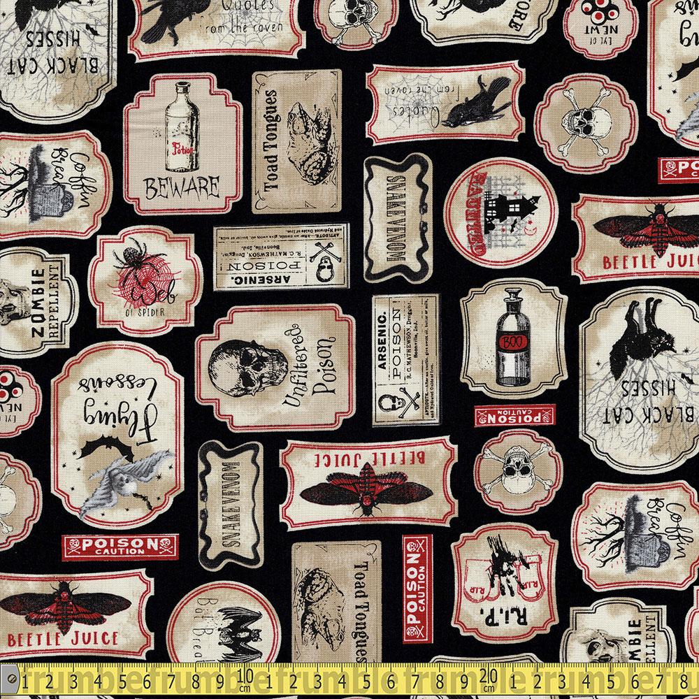 Timeless Treasures - Nevermore Spooky Labels - Black Sewing and Dressmaking Fabric