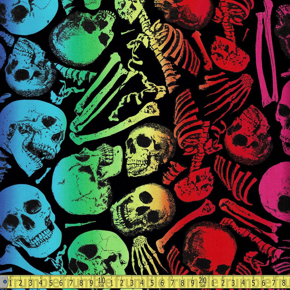Timeless Treasures - Rainbow Skeletons - Black Sewing and Dressmaking Fabric