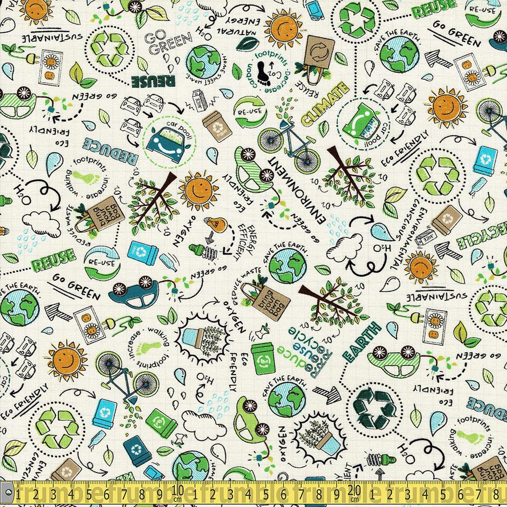 Timeless Treasures - Reduce Reuse Recycle Fun - White Sewing and Dressmaking Fabric