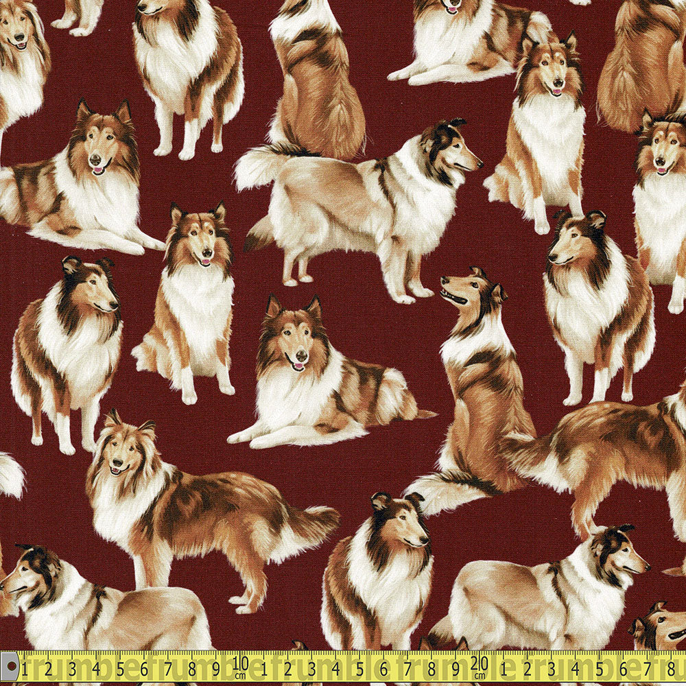 Timeless Treasures - Rough Collies - Maroon Sewing and Dressmaking Fabric