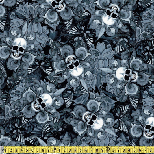 Timeless Treasures - Tossed Skull Fleur De Lis - Black Sewing and Dressmaking Fabric