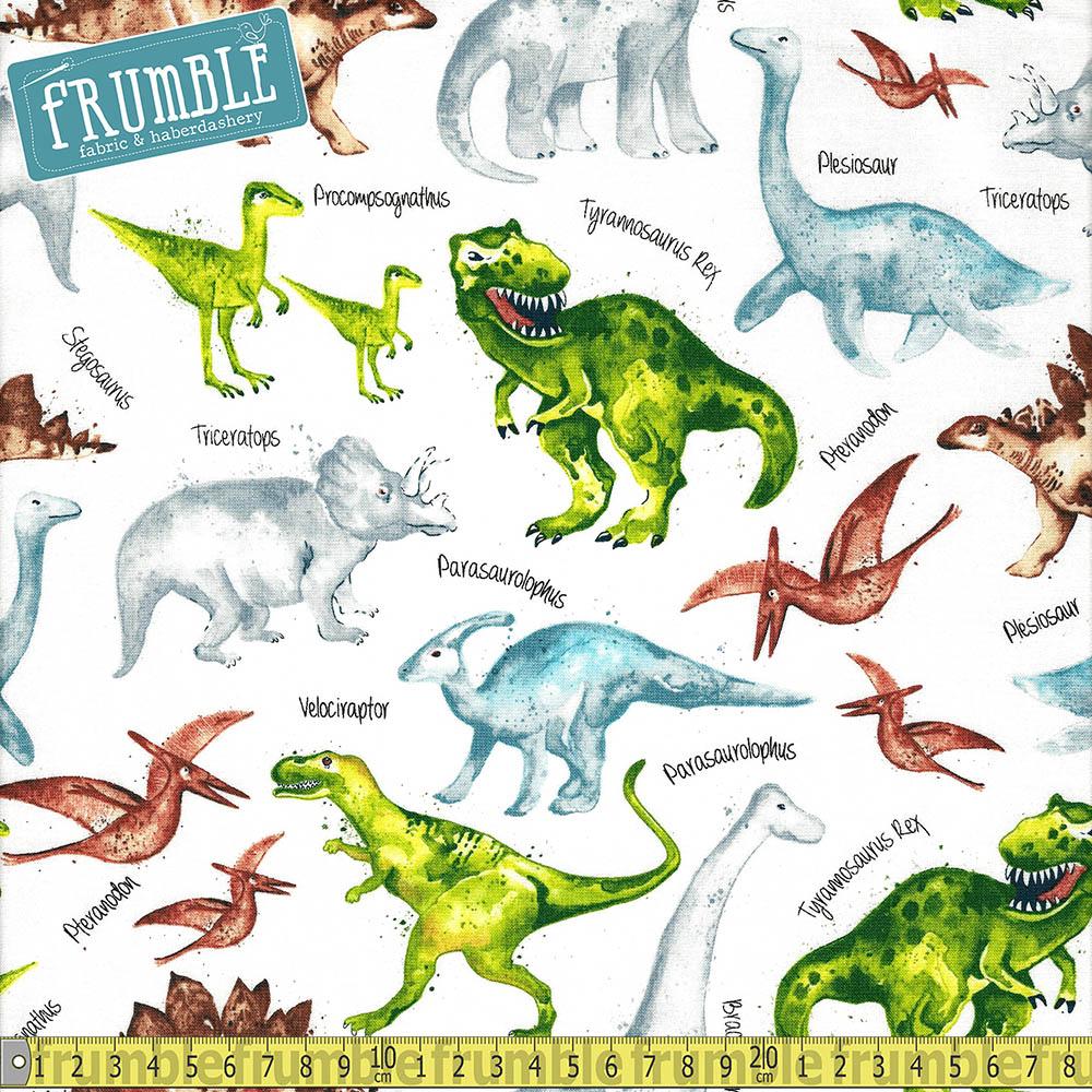 Dino And Names White - Frumble Fabrics