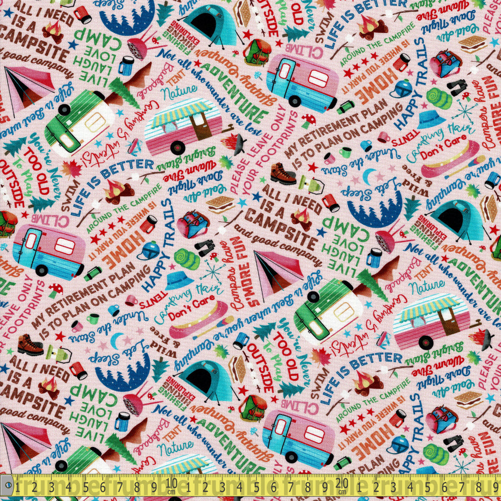 Timeless Treasures Fabric - Camping Quotes - Pink Sewing and Dressmaking Fabric