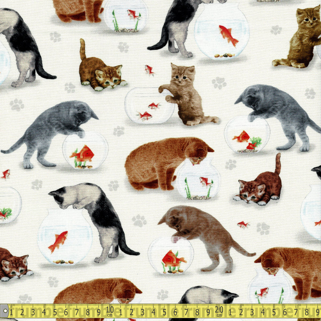 Timeless Treasures Fabric - Cat And Fish Bowl - Cream Sewing and Dressmaking Fabric