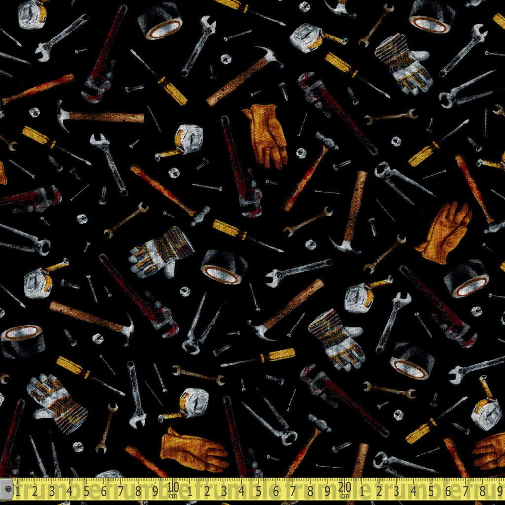 Timeless Treasures Fabric - Garage Workshop Tools - Black Sewing and Dressmaking Fabric