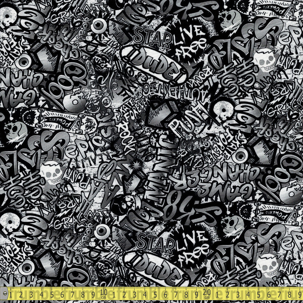 Timeless Treasures Fabric - Skateboarding Graffiti Mural - White Sewing and Dressmaking Fabric