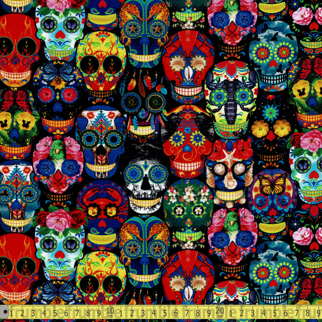 Timeless Treasures Fabric - Skull Folklore - Multi Sewing and Dressmaking Fabric