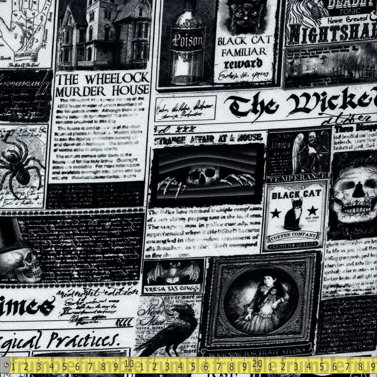 Timeless Treasures Fabric - Wicked Time Newspaper - White Sewing and Dressmaking Fabric