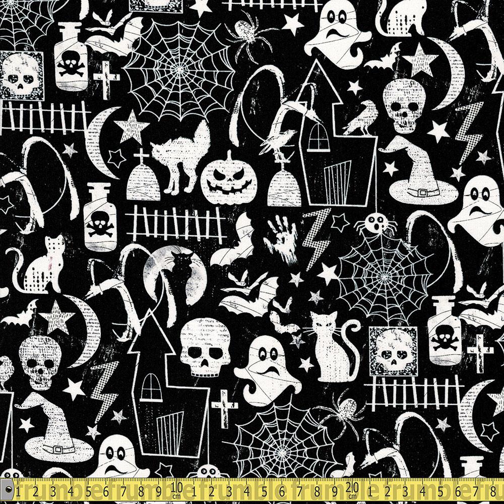 Glow In The Dark Halloween Motifs Black - Frumble Fabrics