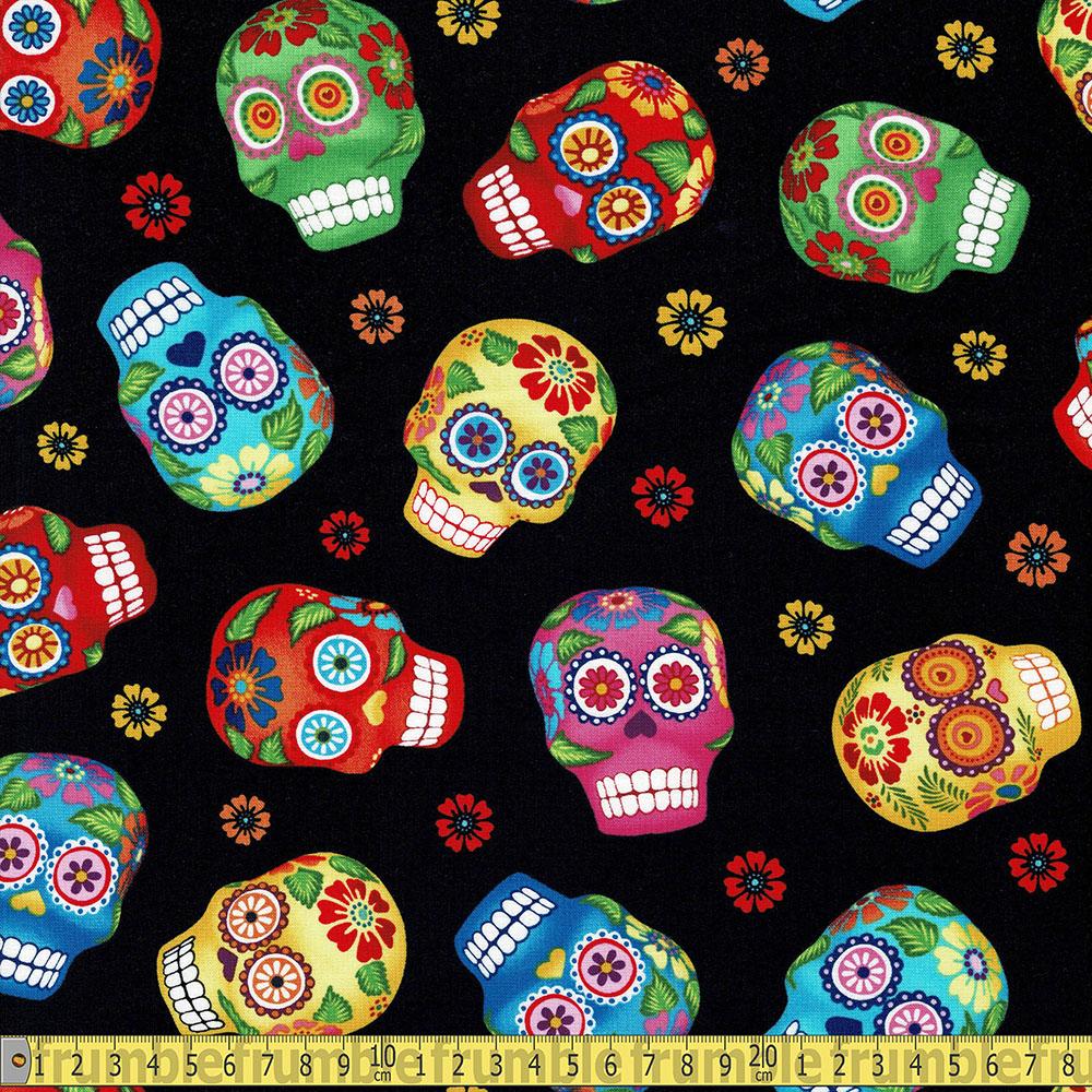 Tossed Sugar Skulls Black - Frumble Fabrics