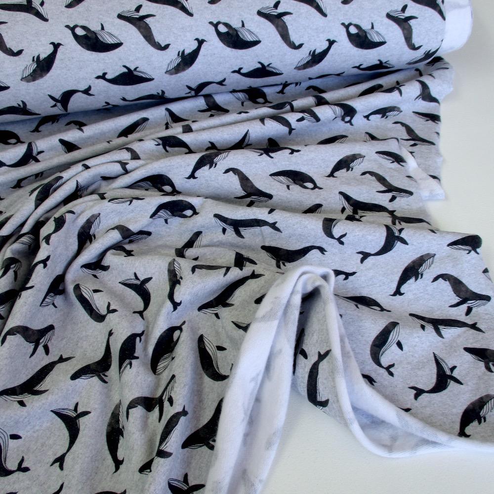 Tossed Whales - Marl French Terry - Light Grey Sewing and Dressmaking Fabric