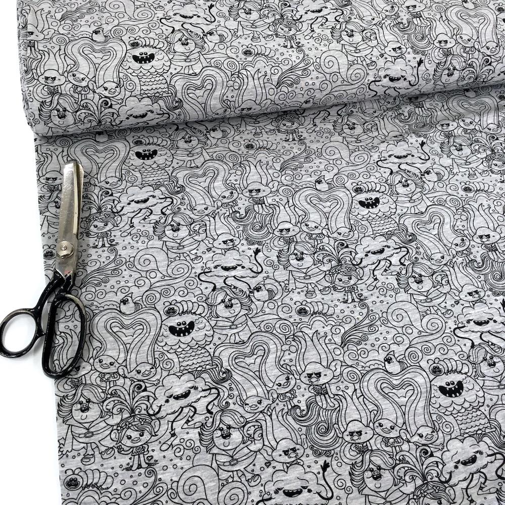Trolls - Printed Jersey - Character Doodle Melange Grey Dressmaking Fabric