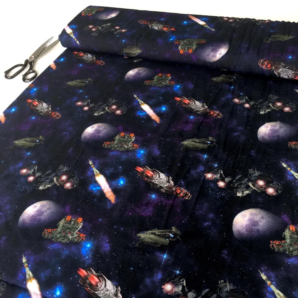 Spaceships Wars Digital Printed Jersey in Navy - Frumble Fabrics