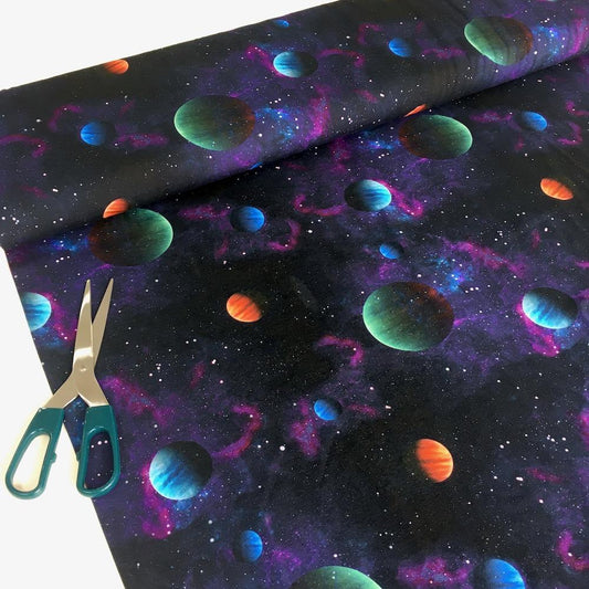 Galaxy Planets Digital Printed Jersey in Navy - Frumble Fabrics