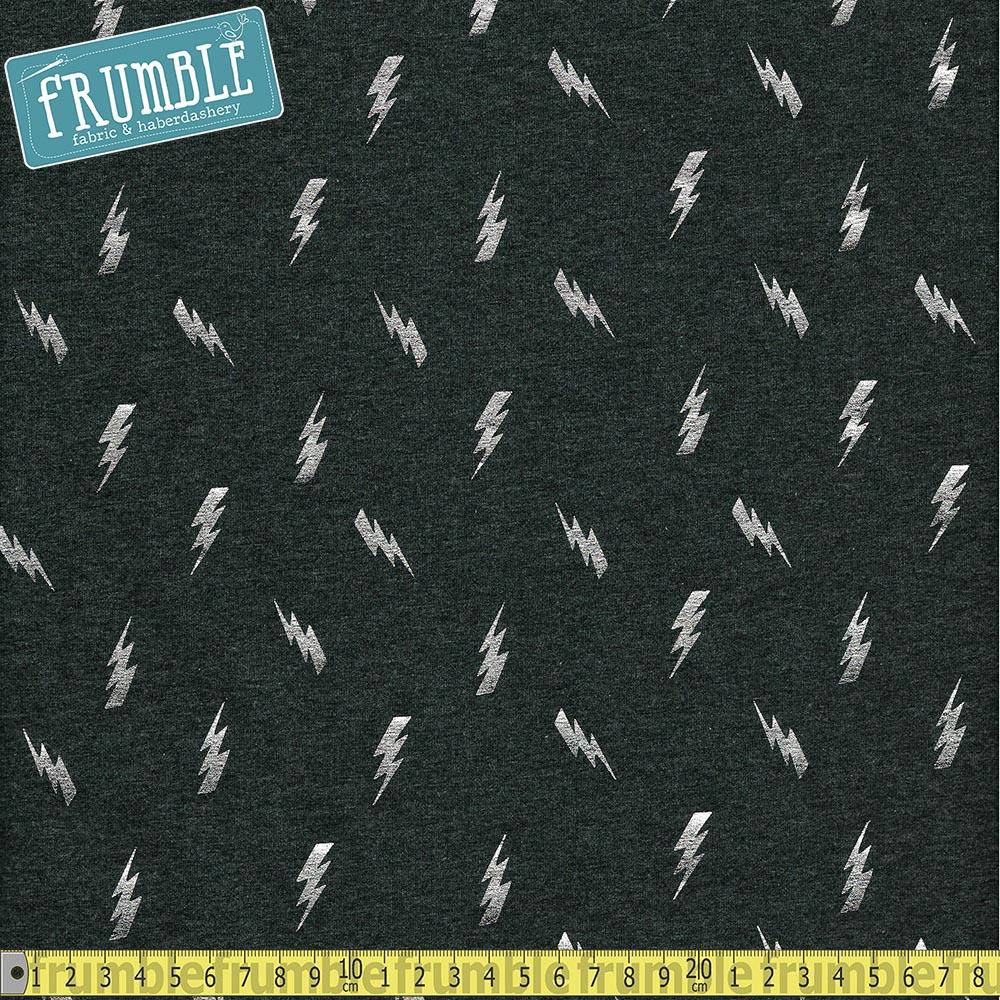 Metallic Lightning Bolt Toss Dark Grey Foil Jersey - Frumble Fabrics