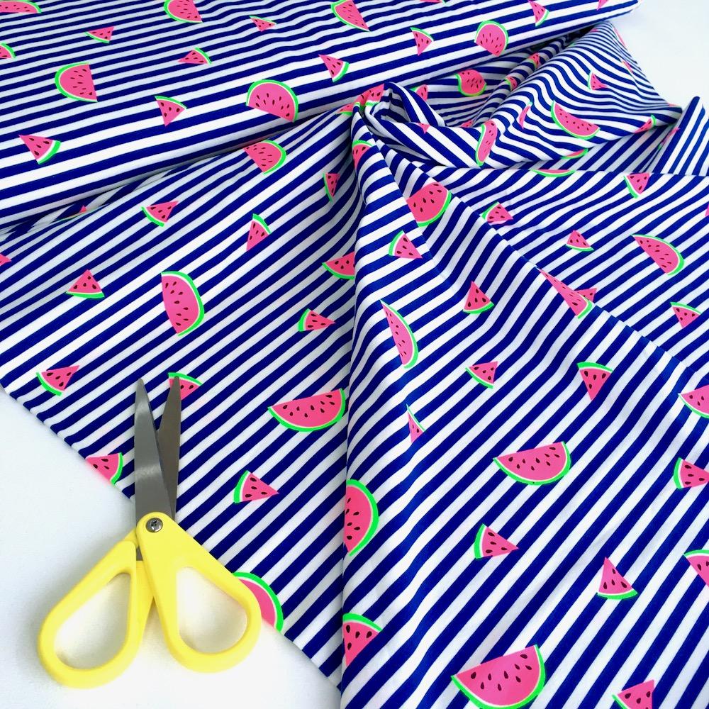 Neon Watermelon Stripe Jersey in Cobalt Blue - Frumble Fabrics