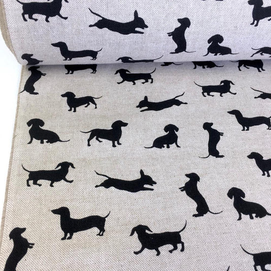 Dachshunds Dog Playing Linen Look Half Panama Canvas Fabric - Frumble Fabrics